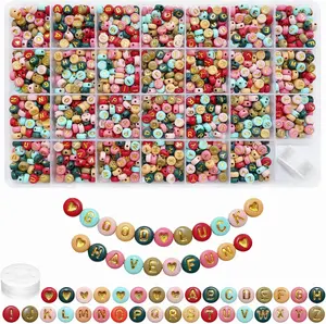 1400pcs Colorful Letter Beads 7x4mm Gold Alphabet A-Z and Heart Beads with Beading Cord for Jewelry Making