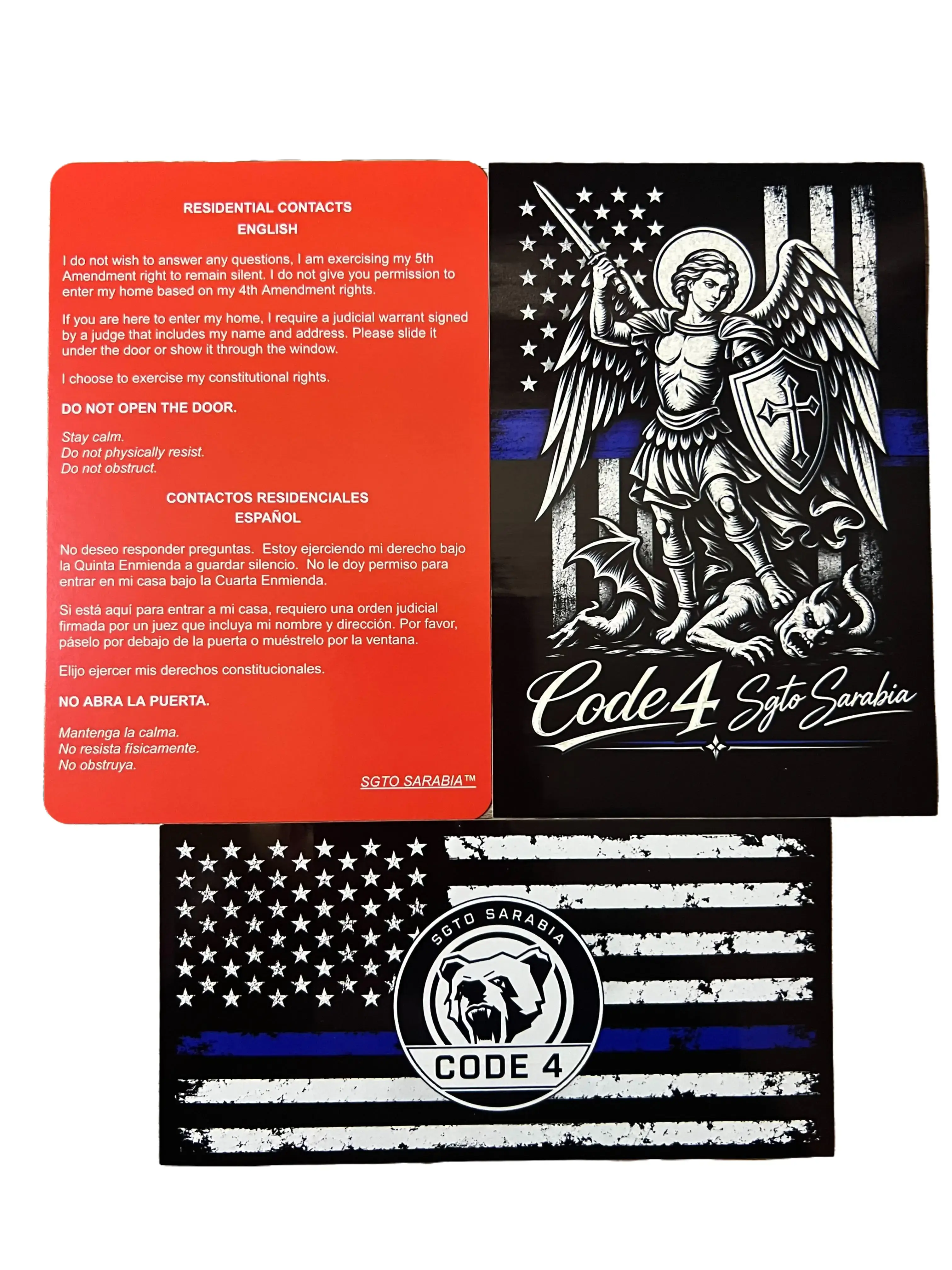 Sgto Sarabia St. Michael Archangel Code 4 Decal Bundle – Includes Thin Blue Line Flag Decal + FREE Bilingual Red Card | Waterproof Vinyl Police Support Sticker