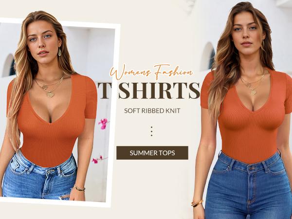 Women's Deep V Neck Tops for Women Sexy Low Cut Summer Ribbed Knit T Shirts Slim Fit Stretchy Basic Fashion Tee
