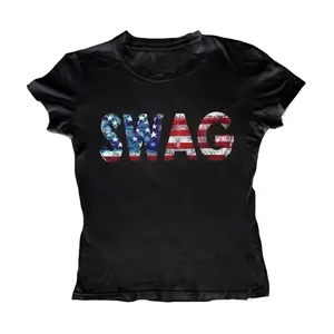 Swag Aesthetic Baby Tee, 250th Anniversary USA, Emo Girl Gothic Slim Baby Tee, Vintage Y2k Graphic Tees, Tops Punk Women Short Sleeve Streetwear Tees, 2000s Flag Print Tops Summer, 2000s Fashion, OOTD, Gift For Her.