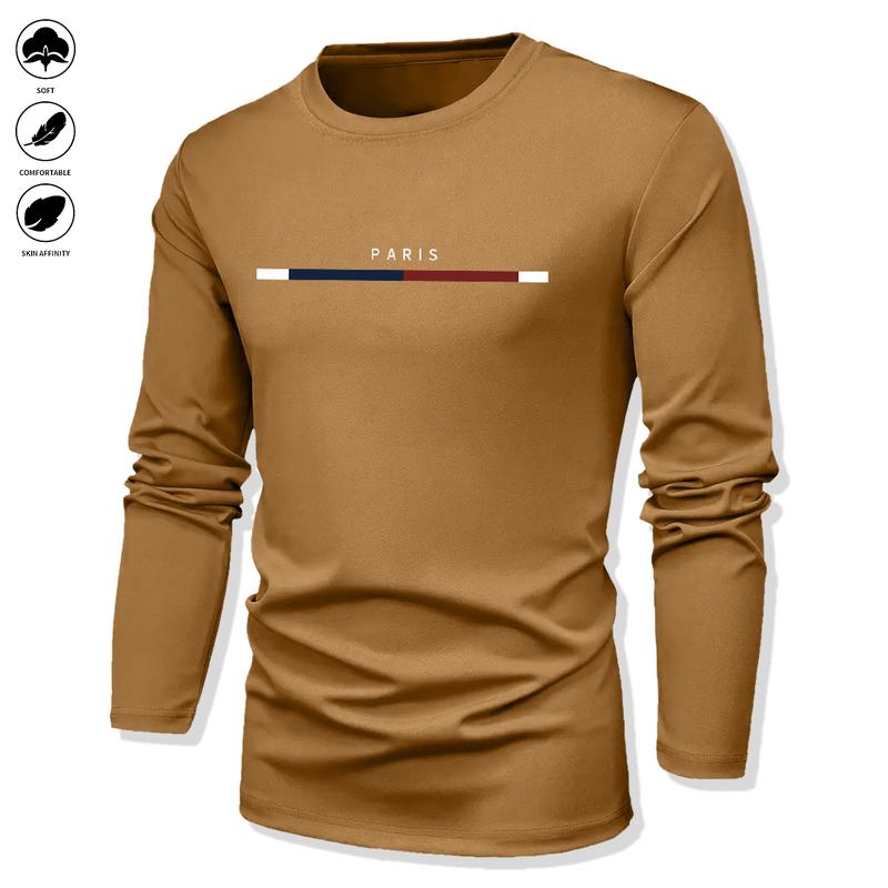 Pack of 4 - Men's Long Sleeve T-Shirt - Casual Crew Neck Breathable Tee, Suitable for Spring and Autumn Wear, Featuring Letter Pattern Design, Well-Fitting Cut, Ideal for Everyday Wear, Men's Long Sleeve Top