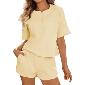 Women's 2Pcs Cropped Waffle Knit Lounge Set - Short Sleeve Henley Top & High Waisted Shorts Comfy Casual Outfit