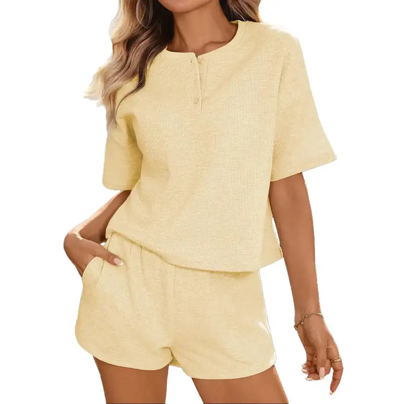 Women's 2Pcs Cropped Waffle Knit Lounge Set - Short Sleeve Henley Top & High Waisted Shorts Comfy Casual Outfit