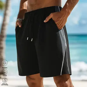 Men’s black summer athletic shorts, regular loose fit, zip fly waistband, casual everyday wear, woven fabric, slight stretch, suitable for tennis, basketball, running, and other outdoor activities