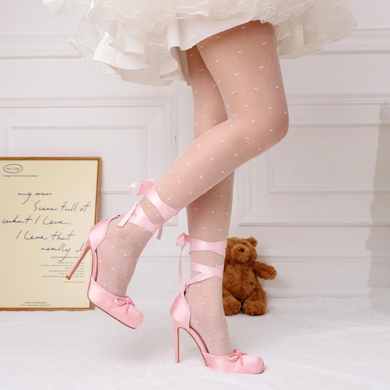 Women's Satin Stiletto Heels - Elegant Ballet Slingback Pumps with Bow Accents, Square Toe & Lace-Up Closure for Wedding, Party, Special Occasions