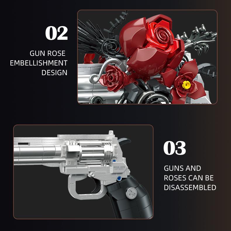 Guns & Petals Building Set Revolver Model Desktop Decoration Gothic Dark Romantic Style Ornament Movable Mechanical Parts Suitable for Home Decor Enthusiasts