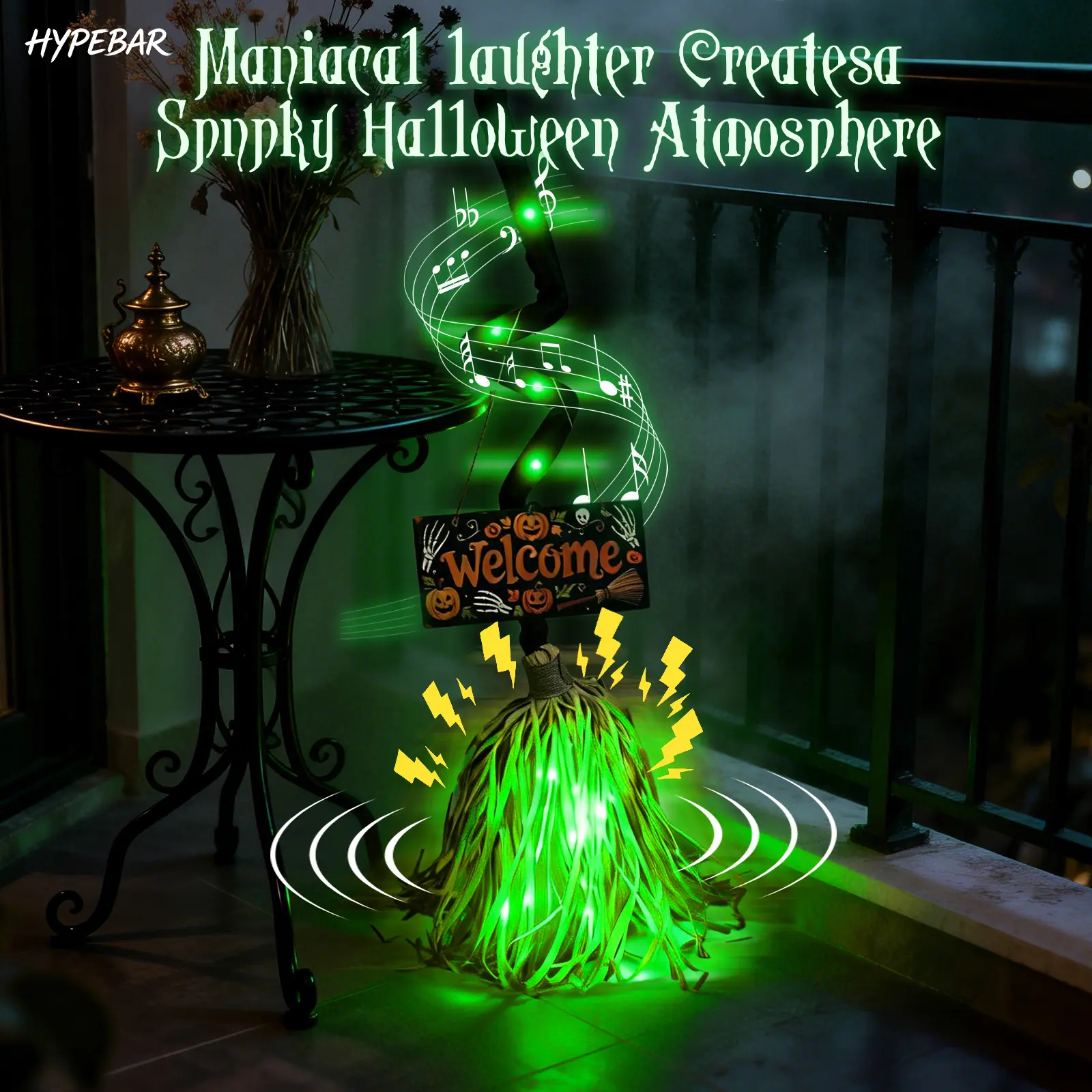 HYPEBAR Animated Floating Witch Broom Halloween Decor with Welcome Sign, Glowing Lights & Spooky Sounds, Touch & Sound Activated, Auto Obstacle Avoidance, Bendable Foldable,  Stable Base Easy Setup for Front Door Indoor Holiday Displays, Halloween Aesthet