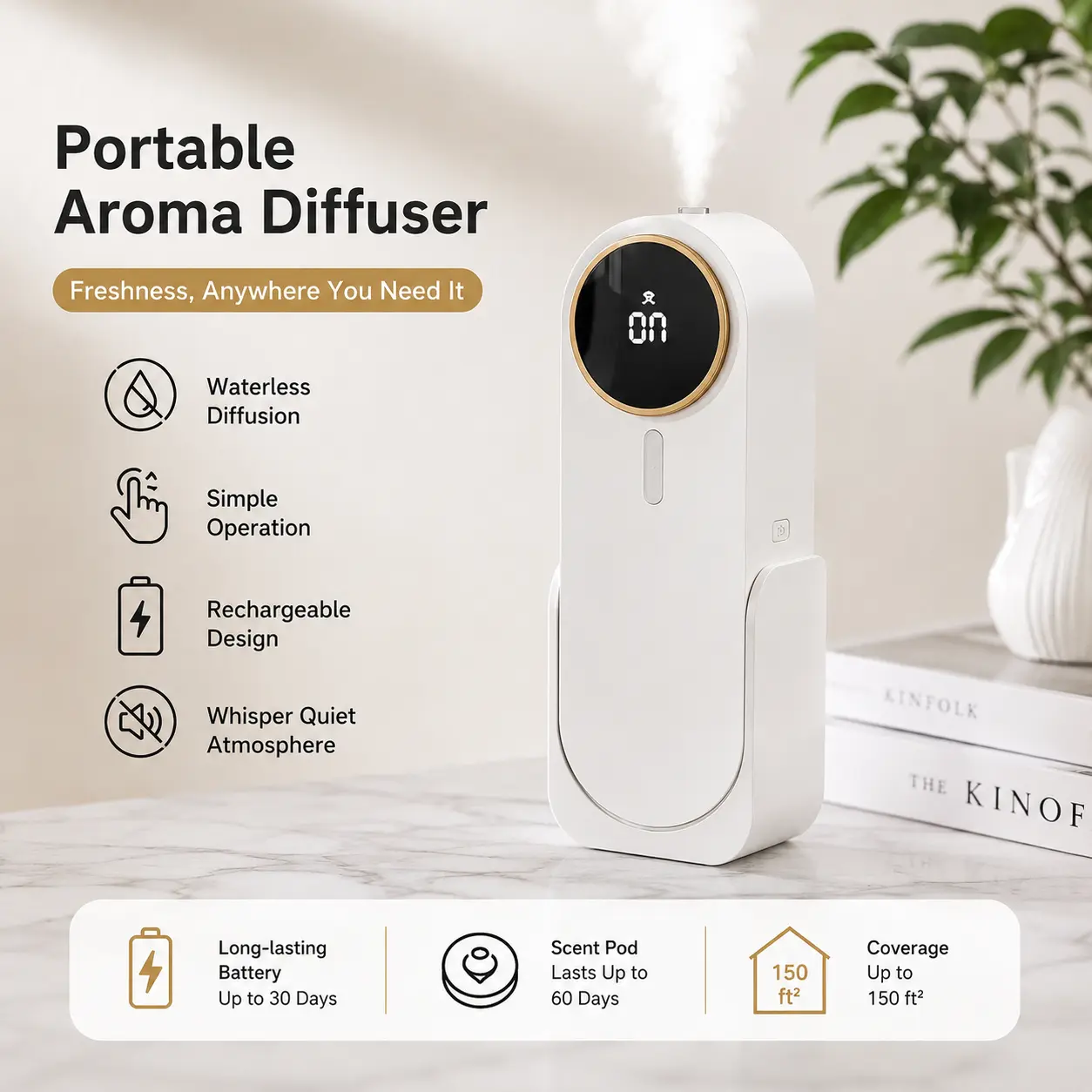 Mini Size Waterless Portable Aromatherapy Diffuser - 40ml Oil Tank Essential Diffuser, Home Fragrance Machine for Home Use