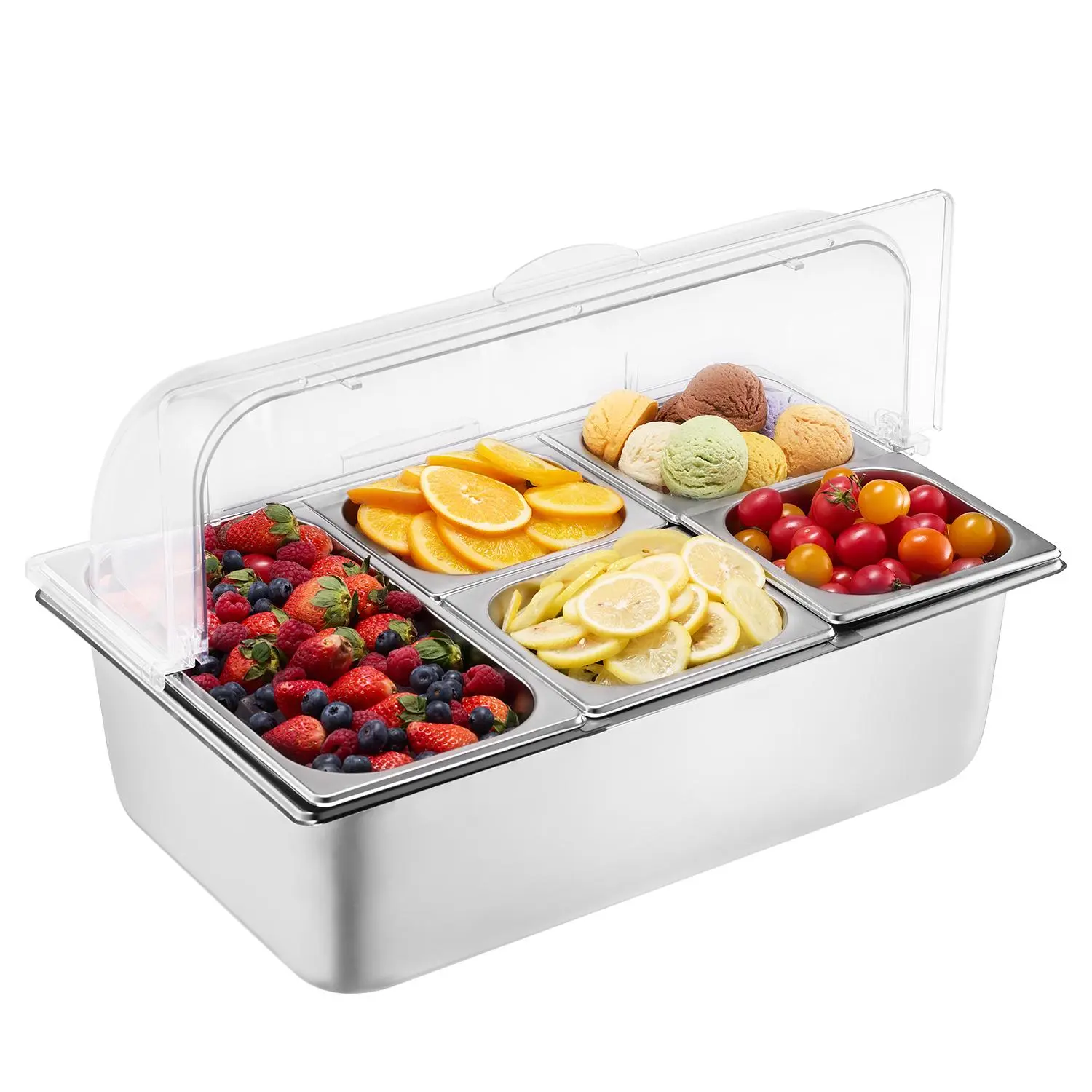【Backtoschool】VEVOR Countertop Food Serving Display Container,  , 5 Pan Stainless Steel Food Serving Tray, Buffet Condiment Dispenser Display Rack with Clear Lid & 3 Freezer Boxes, for Restaurant Hotel Kitchen Party