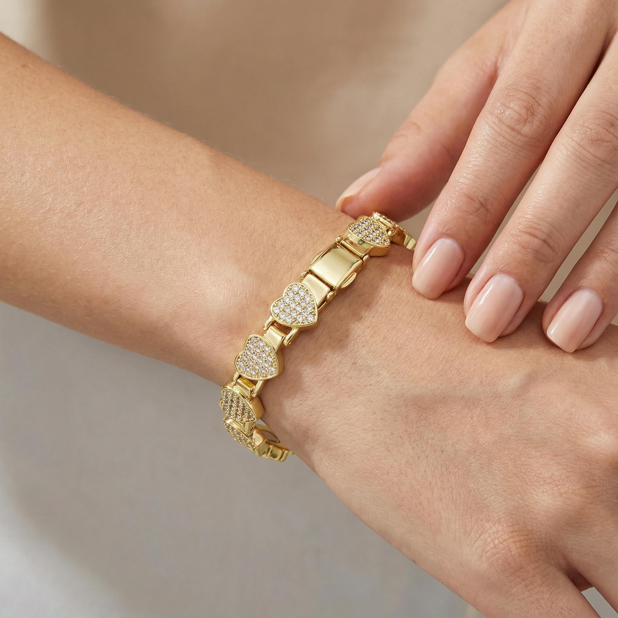 14K Gold Plated Heart Tennis Bracelet 13mm CZ Pave, 8.5 Inch Sparkly Heart Link Bracelet with Magnetic Clasp - Best Gift for Her,mom