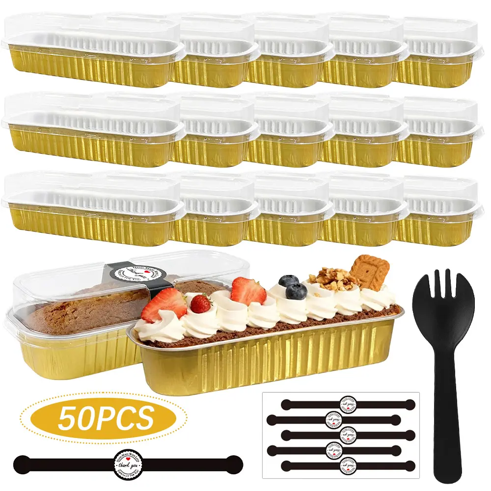 50-Pack Disposable Aluminum Foil Baking Pans, 6.8 oz Rectangular Mini Individual Loaf Pans with Transparent Lids and Spoons, Small Baking Cups for Happy Birthday Ideas (Kitchen Bakeware Utensils)