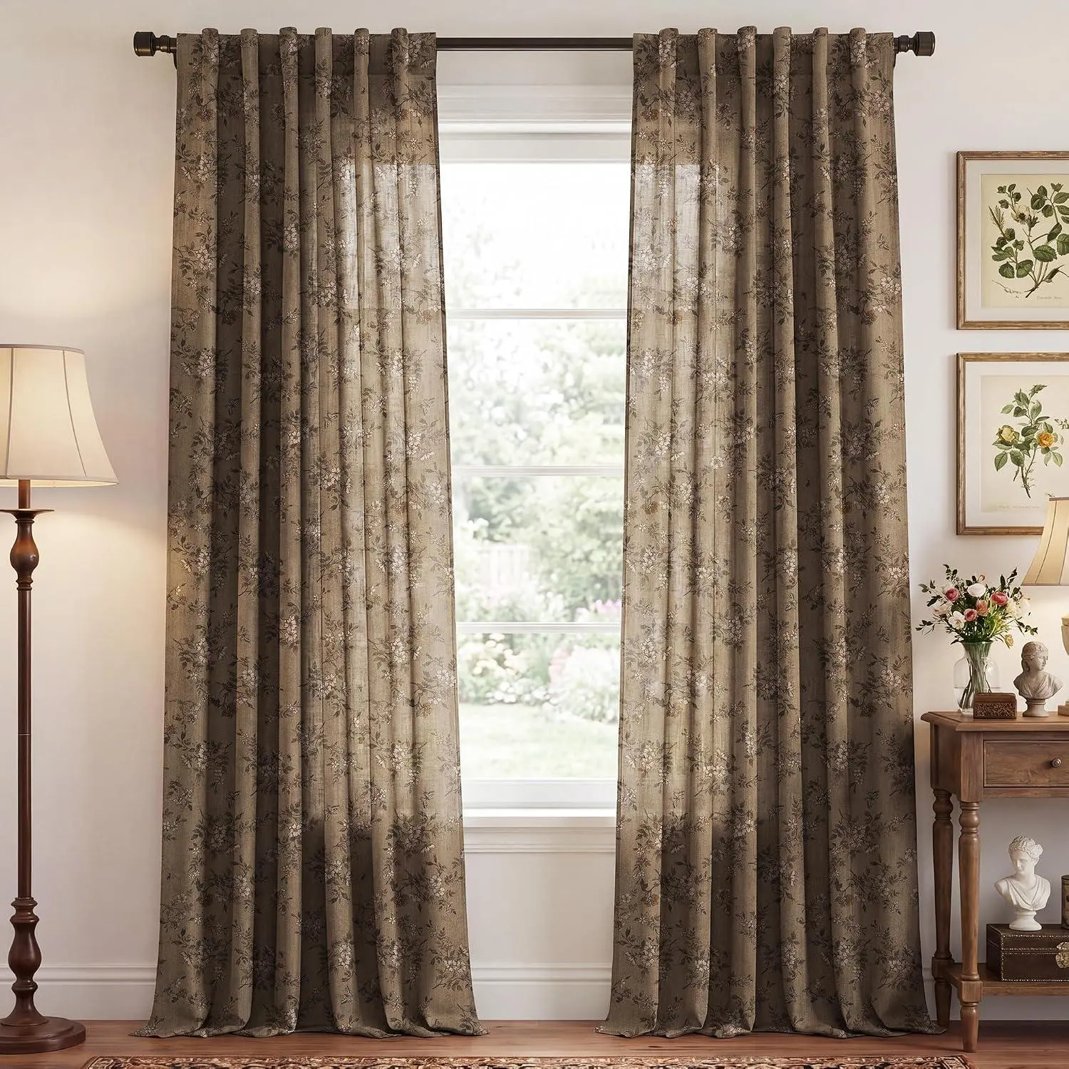 NICETOWN Vintage Floral Motif Curtains & Drapes, Butterfly Print Light Fabric, Privacy Filter, Rod Pocket & Back Tab, for Living Room Decor, Window Covering