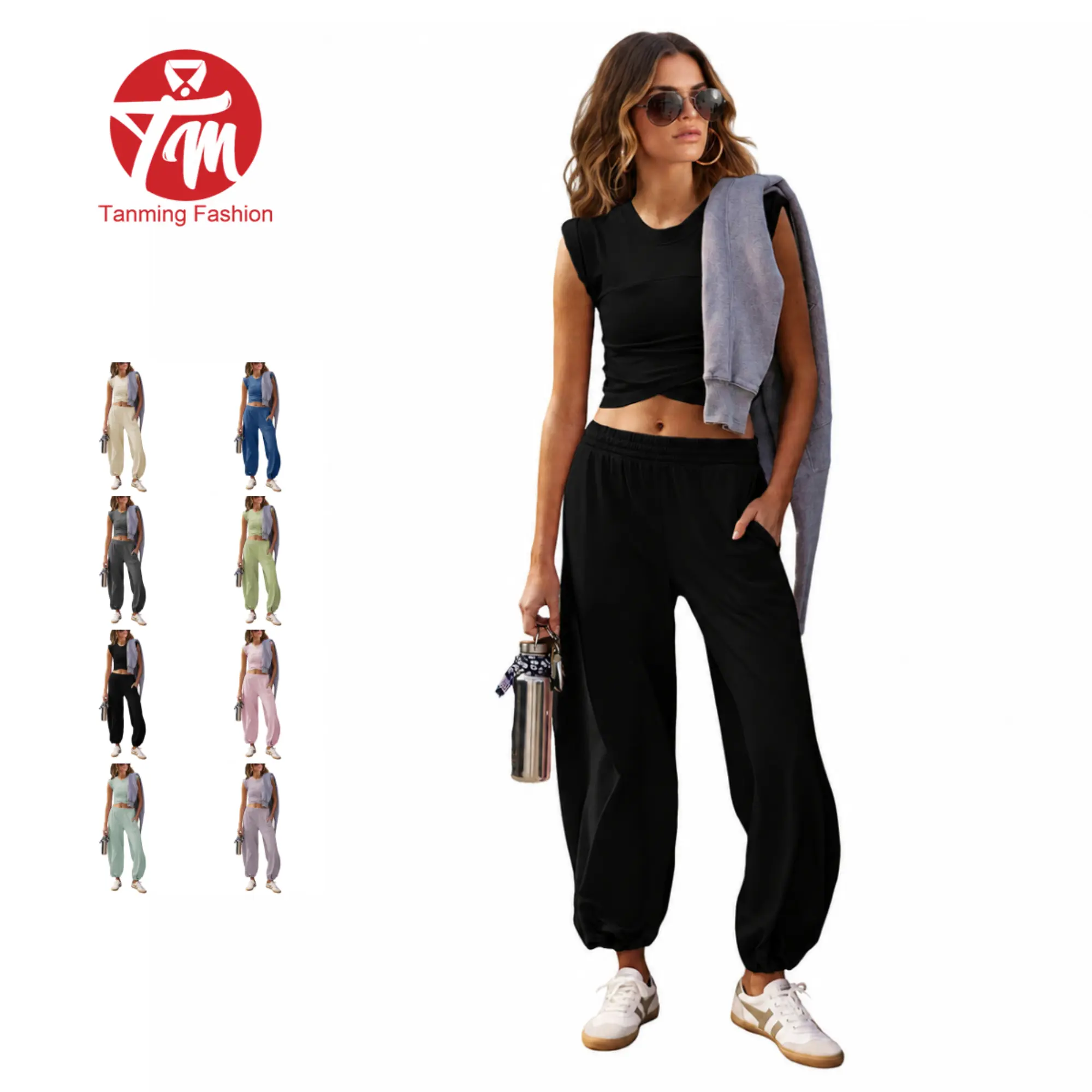 Tanming Women's 2-Piece Set - Summer Workout Tracksuit with Cross-Front Cropped T-Shirt, Loose-Fit Cuffed Sweatpants (2 Pockets) - Trendy Casual Fashion Activewear for Commuting & Outdoor Activities, Woman 2 Piece Set, Workout Sets