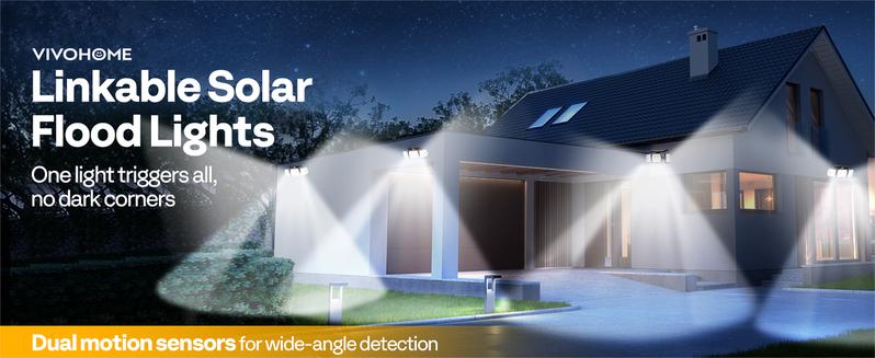 VIVOHOME Linkable Solar Flood Lights Outdoor, 2 Adjustable Motion Sensors Security Lights with 3 Heads, 2500LM, IP65 Waterproof, Solar Powered for Outside, Yard, Porch, Patio