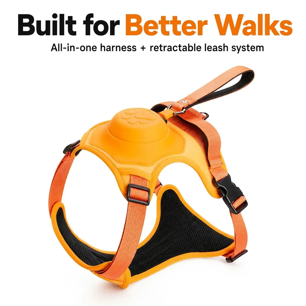 Dog Harness Leash Set with Built-in Retractable Leash - No-Pull Design, Waterproof Fabric, 54-in Cord, Universal Fit, Hands-Free for Medium & Large Dogs’ Daily Walks (Collars & Harnesses)