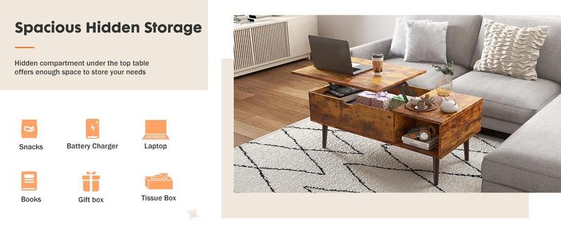 Coffee Table, Lift Top Coffee Tables for Living Room, Rising Tabletop Wood Dining Center Tables with Storage Shelf and Hidden Compartment