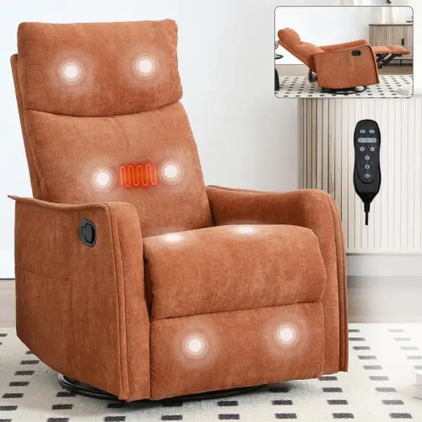 Heat Massage Manual Recliner Chair with Rocker and Swivel in Fabric for Living Room