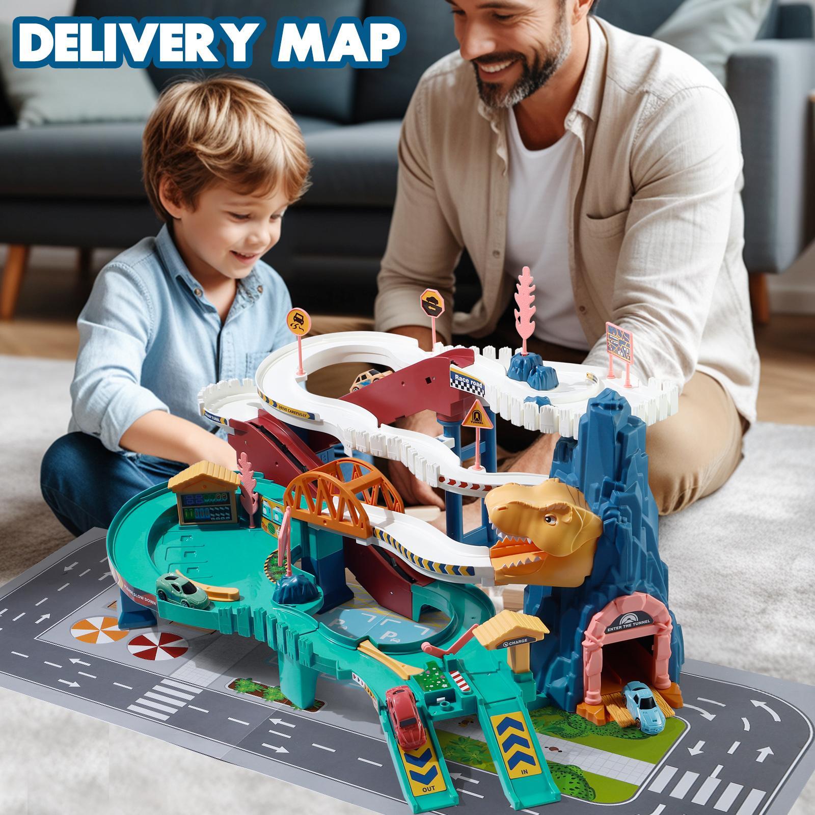 King Size Dinosaur Race Track Playset Toys for Kids Car Ramp Track Toys Adventure Car Garage Parking Toy Construction Racers Loop Vibrant