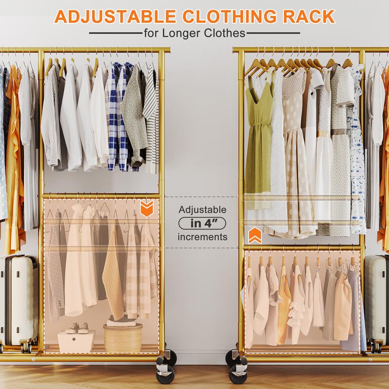 Raybee Gold Heavy Duty Clothes Rack with Wheels, Adjustable & Portable Rolling Clothing Racks for Closet, Bed Room, Laundry Room, Commercial Use