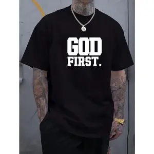 "GOD FIRST." Oversized T-Shirt – Black Cotton Crew Neck Short Sleeve Tee, Bold Faith Statement Graphic Print Streetwear Tops, Loose Fit for Christian Believers, Religious Fashion Lovers & TikTok Trend Enthusiasts