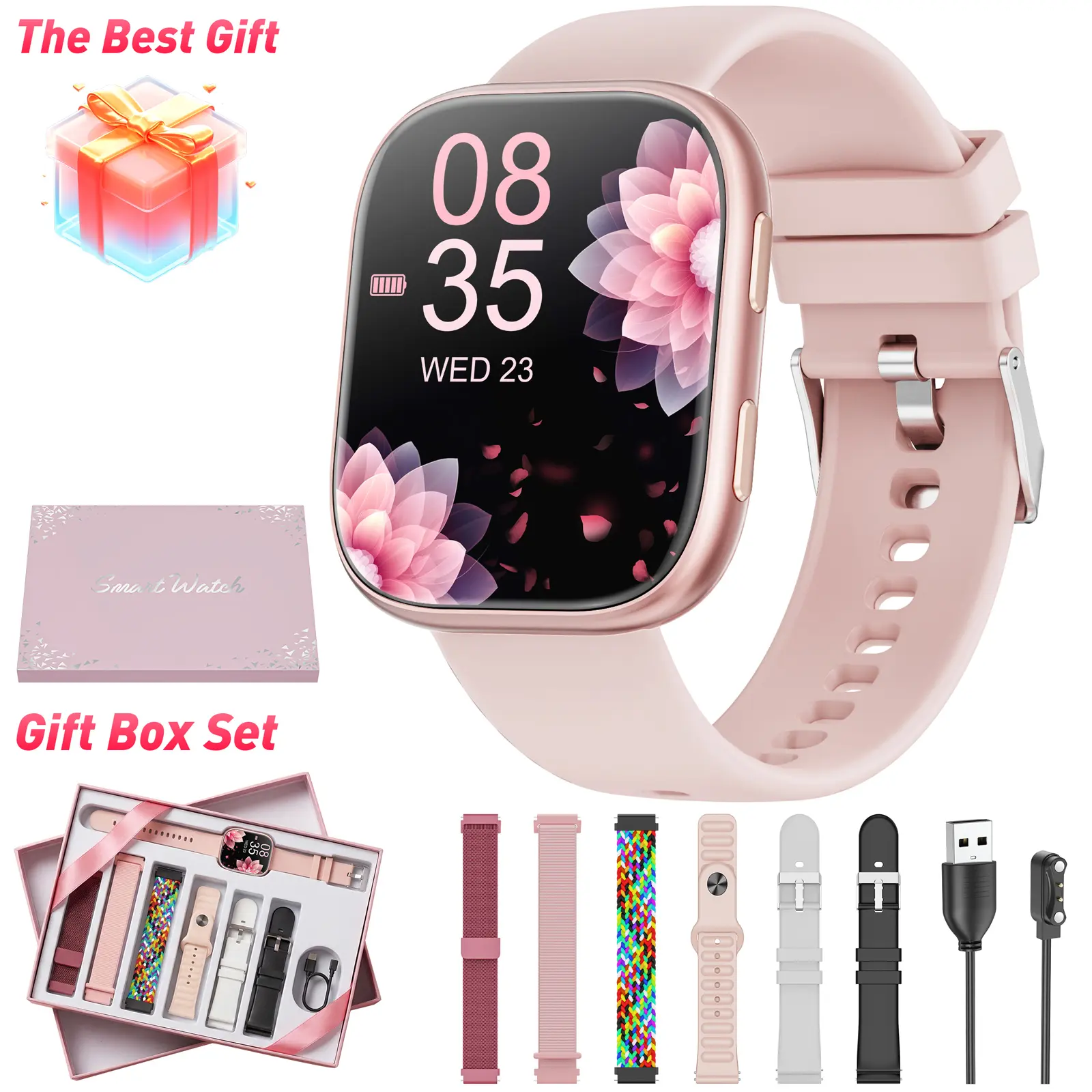 Women's Luxury Dainty Wearable Smart Watch - 1.83-in AMOLED Touchscreen Fitness Tracker, Bluetooth Calling, Heart Rate/Sleep Monitor, 100+ Sports Modes, IP67 Waterproof Plastic Device for Android, iOS, Smartphone, Swimming (7-in-1 Gift Set), Minimalist, W