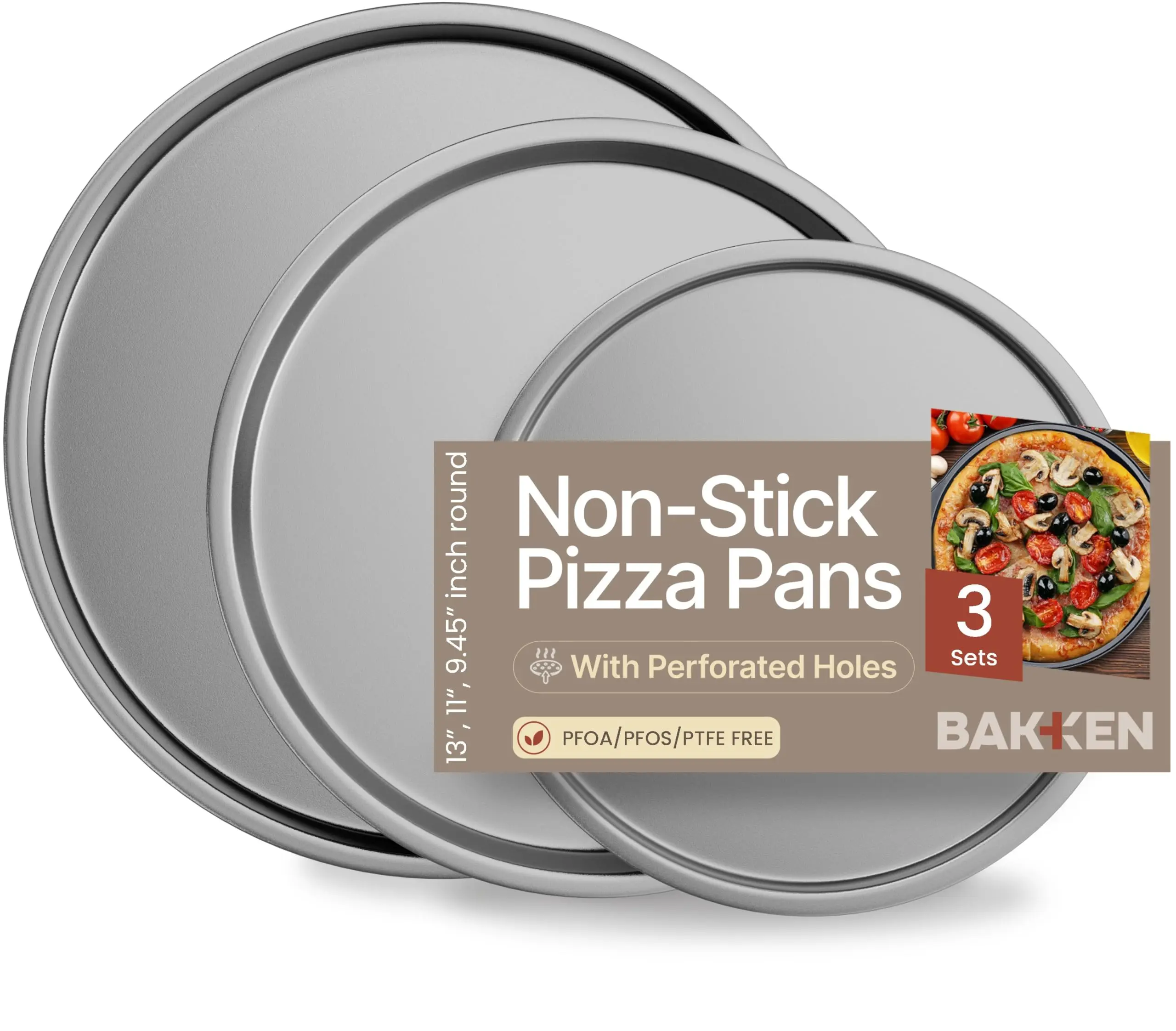 Bakken Swiss Pizza - Set of 3 Pizza Pans, Ceramic Coating, Non-Stick, Round Steel, Dishwasher Safe, Premium Baking Tools for Cooking