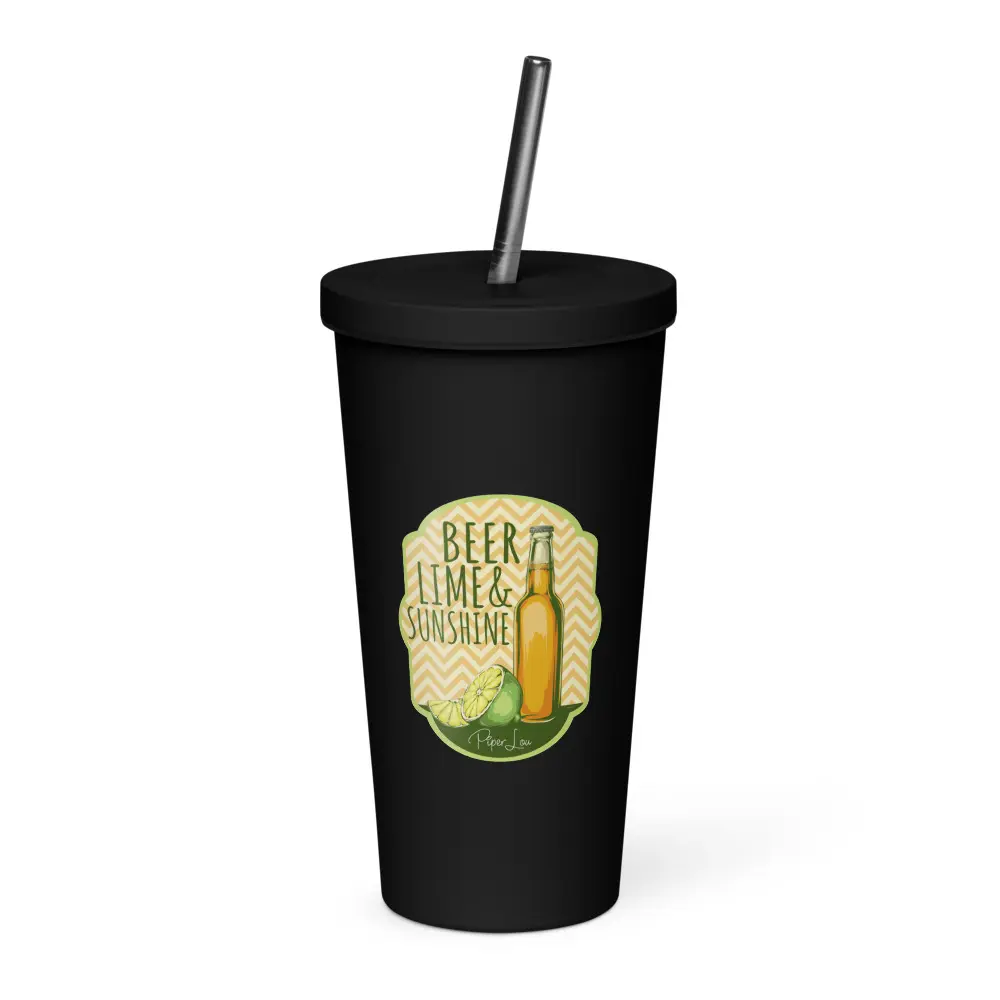 20oz Insulated Stainless Steel Flask Tumbler - Beer, Lime & Sunshine Printed, with Lid + Straw, Flasks