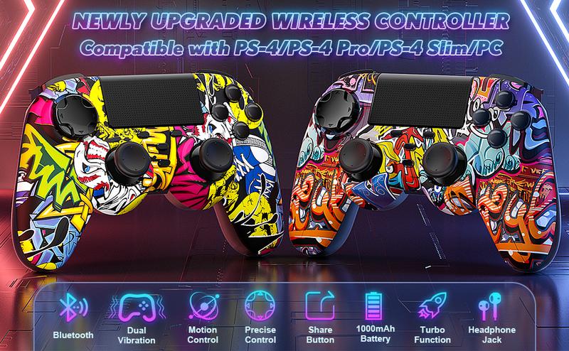 2 Pack Wireless PS4 Controller with Turbo Function Compatible with PlayStation 4/PS4 Slim/PS4 Pro/PC Windows Accessories Android PS4 Six-Axis Sensor Dual Vibration Motors 1000mAh Battery - Gaming Set