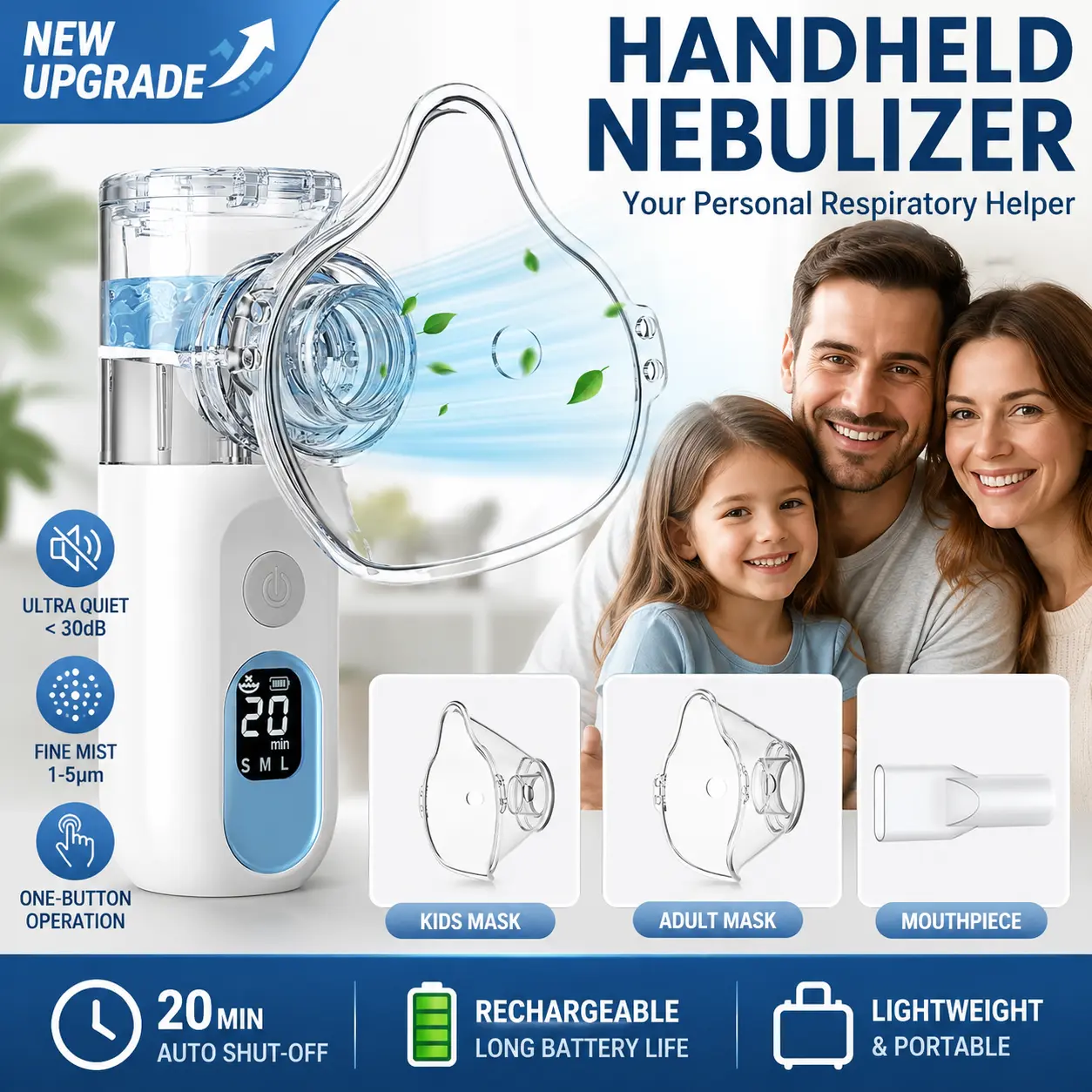 Children and Adults, LED Display, Includes 2 Masks and 1 Mouthpiece, Automatic Cleaning Function, Nebuliser Inhaler Individually Adjustable & Ideal for on the Go