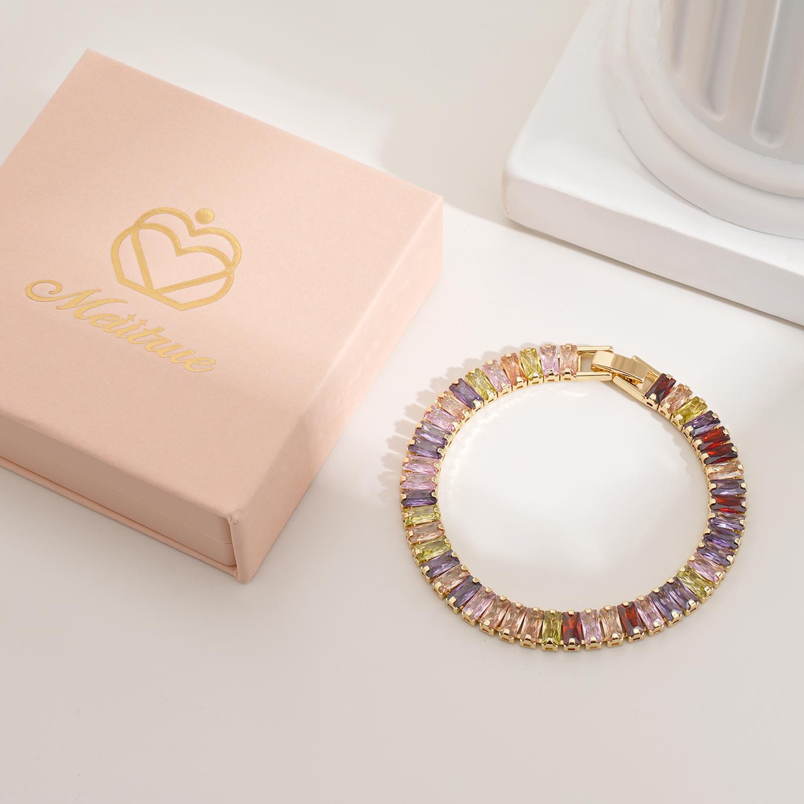 MEIITRUE 14K Gold Plated Cubic Zirconia Tennis Bracelet for Women, Hypoallergenic Gold Bracelets for Women, Colorful Baguette Tennis Style Jewelry