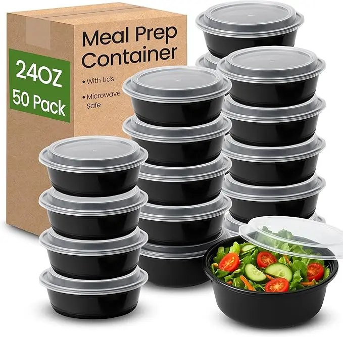 Velzy 50 PCs Microwavable Round Meal Prep Containers with Lids Reusable – 24 oz (3 Cups) Meal Prep Bowls with Lids Set, Microwave Safe