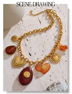 N122- New Red Resin Oval Heart Charms Necklace!