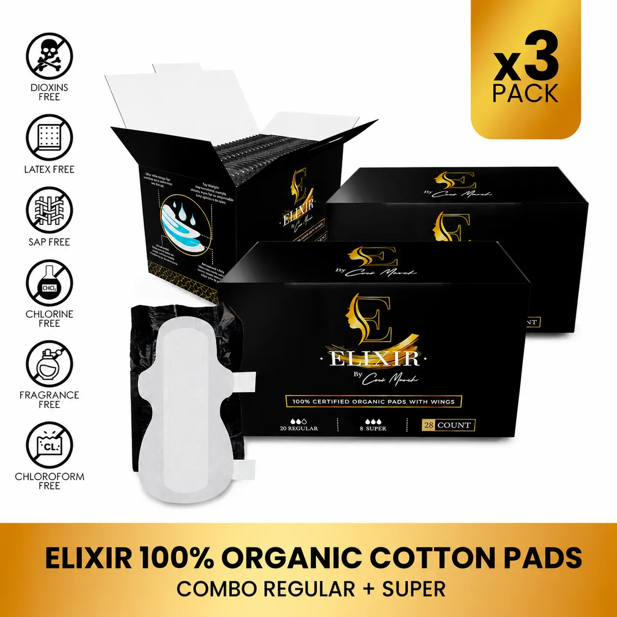3 Pack of Elixir by Cocó March Organic Cotton Pads, Feminine Menstrual Care Pads for Women, Regular and Super Pads with Wings (28ct)