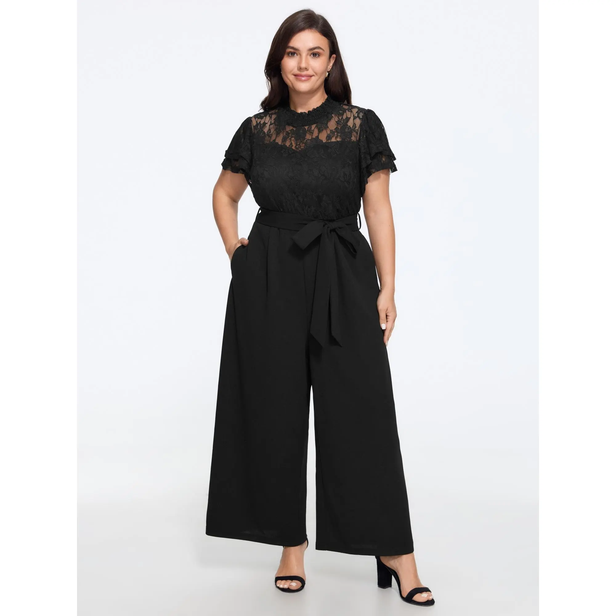 BLOOMCHIC Women's Basic Elegant Plus Size Jumpsuit - Lace Trim, Short Sleeve, Tie Waist, Wide Leg, Multi-Size [M-6X], Summerfinds, Premium Fabric