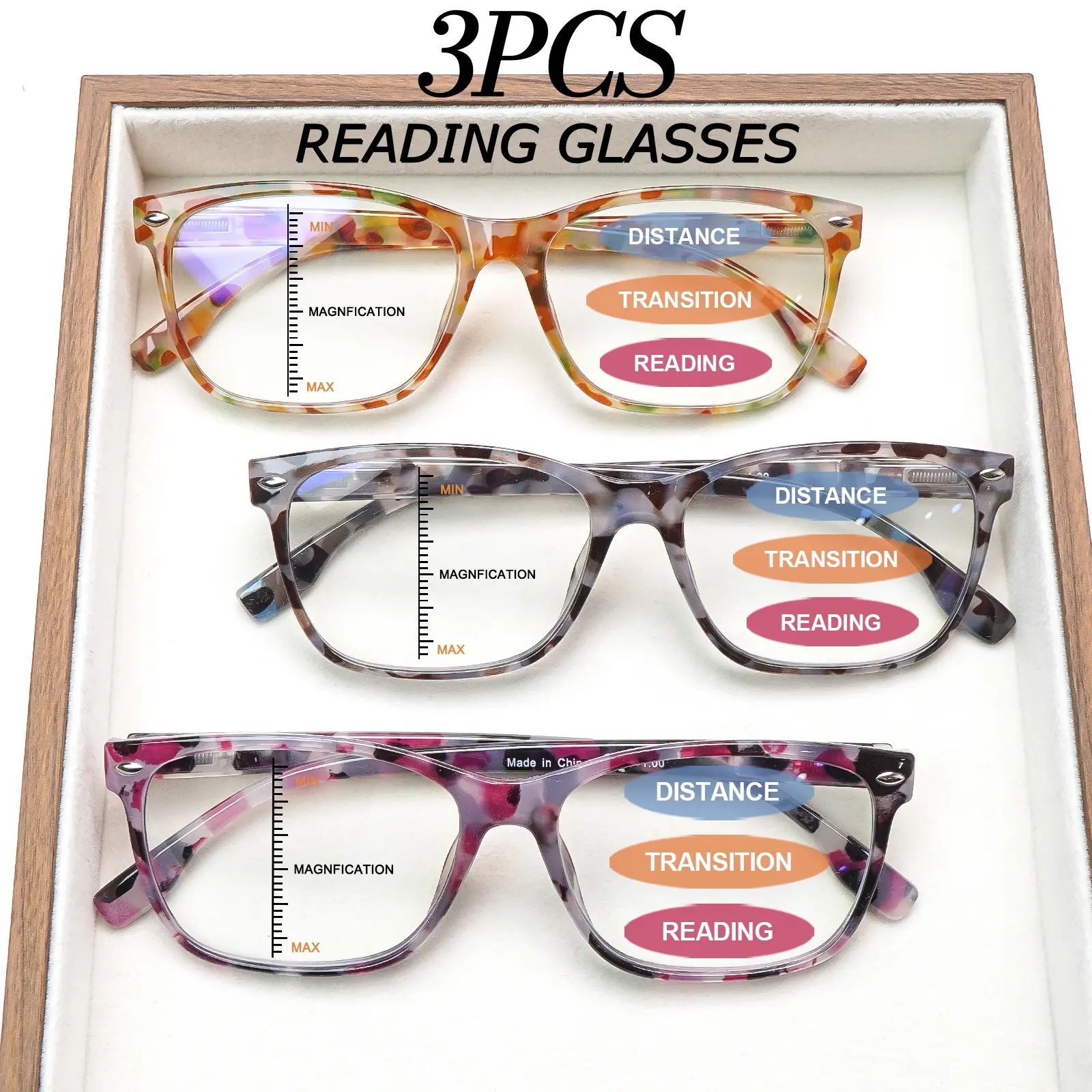3 Pack Progressive Multifocal Reading Glasses for Women Blue Light Blocking Fashion Square Frame Spring Hinge Lightweight Readers
