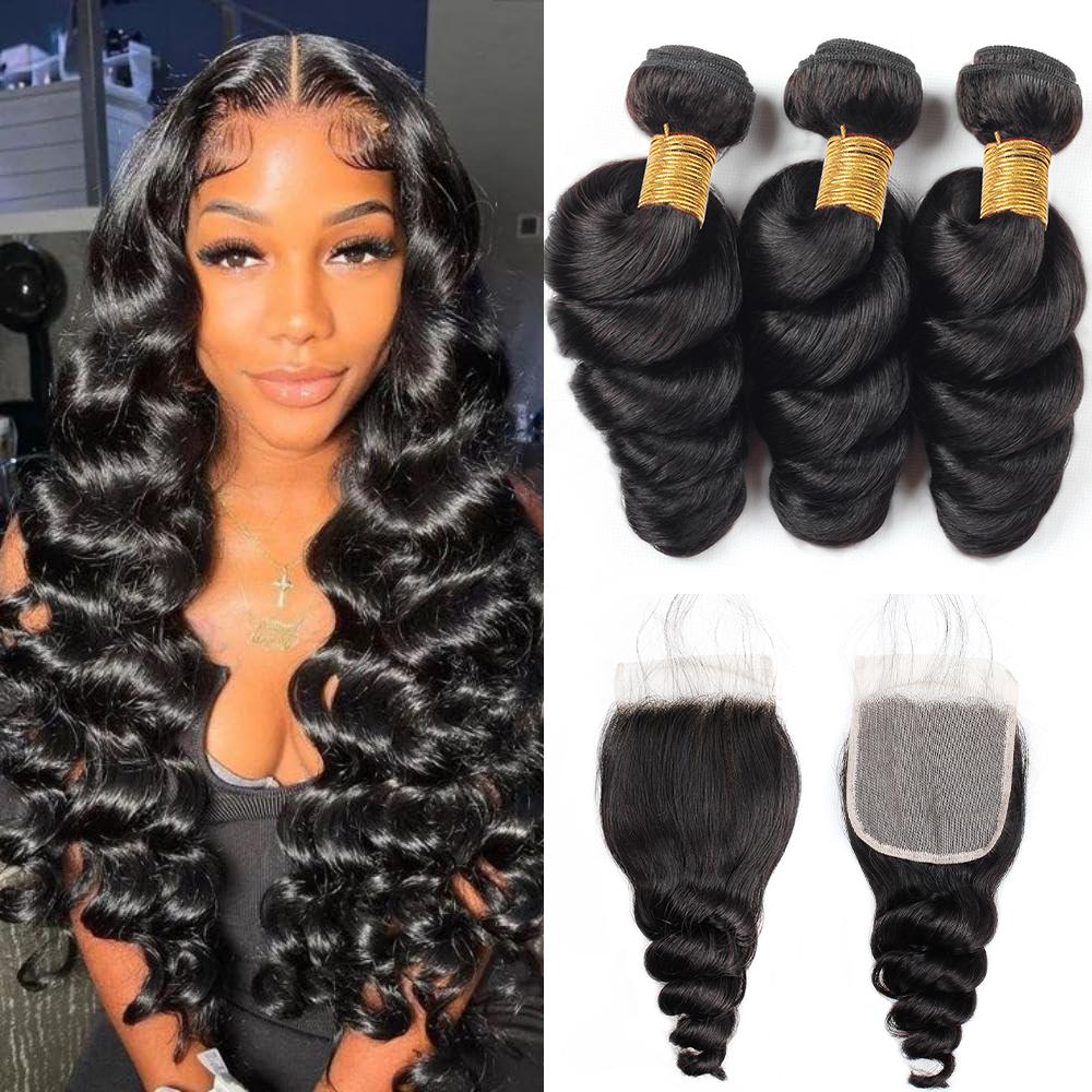 Brazilian Virgin Hair Loose Wave Bundles Human Hair Loose Wave 3 Bundle with Closure Human Hair Extensions Natural Color