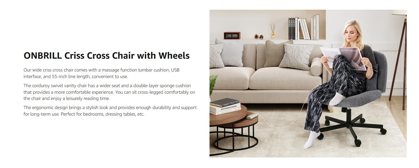 【Massage & Cozy Cushion】ONBRILL Criss Cross Chair with Wheels, Massage Cross Legged Office Chair with Double Layer Sponge Cushion, Corduroy Wide Armless Office Desk Chair Mid Back Swivel Vanity Chair for Home Office, Bedroom Furniture