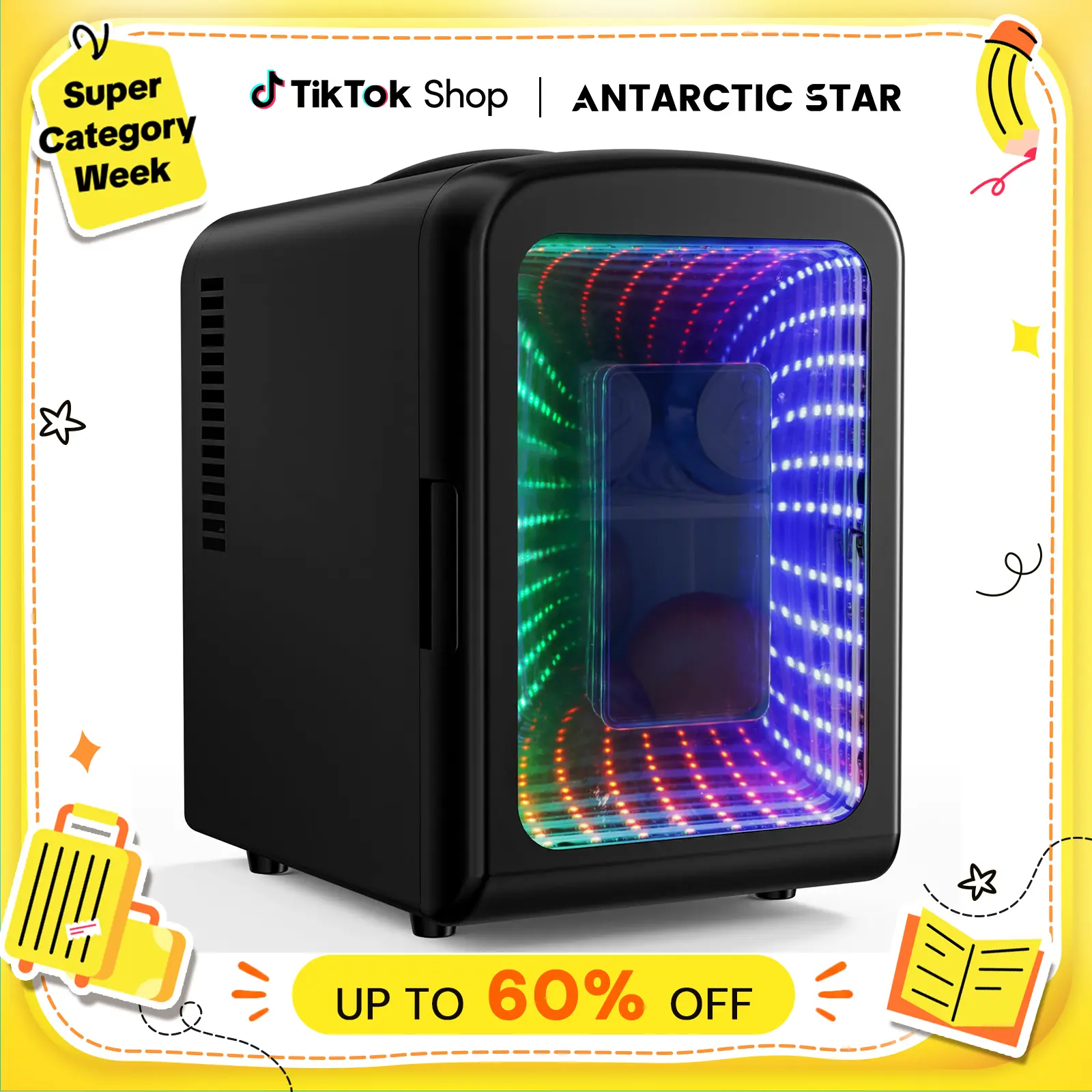 【BackToSchool】Antarctic Star 4L Mini Fridge with Gaming Lights - 6-Can Travel Fridge, Dual Power Home/Car Plug Portable Cooler for Bedroom, Dorm - Cosmetics, Beverage & Food Storage (Note：Internal temp varies with ambient temp.), Compact