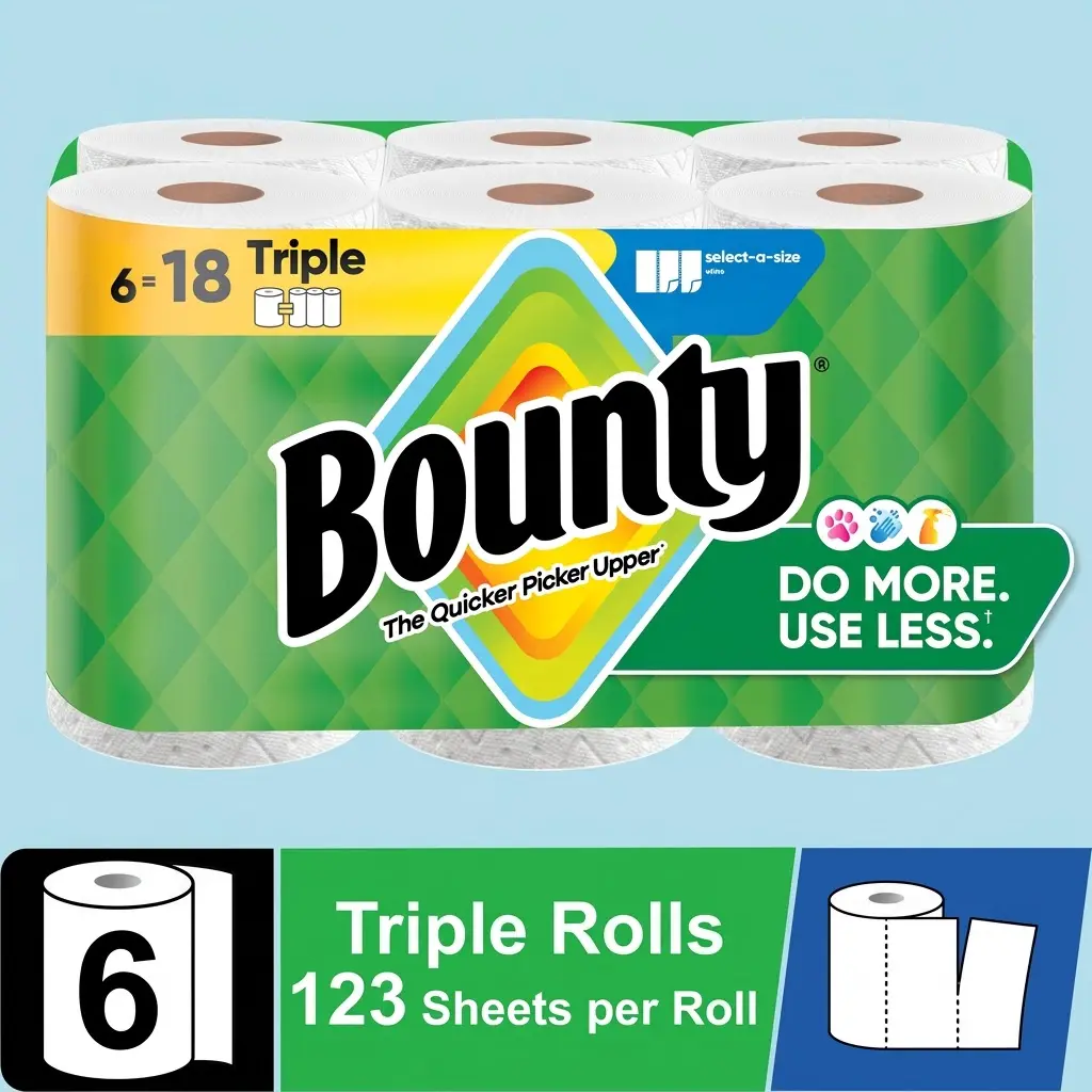Bounty Paper Towels Select-A-Size 6 Triple Rolls Strong Absorbent Paper Sheets For Kitchen Mess Everyday Restock