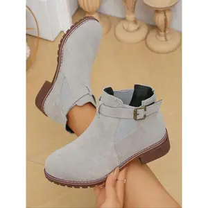 Women's Fashionable Solid Color Ankle Boots, Casual Comfortable Breathable Thick Heel Boots for Fall & Winter, Female All-match Trendy Shoes for Daily WearGift