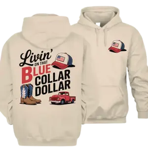 Livin’ On That Blue Collar Dollar Hoodie for Mens & Woment, Western Boots Hoodie, Cowboy Lover Gift, Pickup Truck Hoodie, Country Gift
