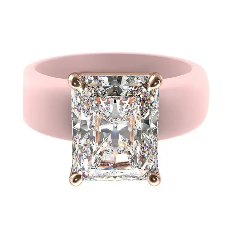 Rose Gold Prong Set Princess Cut Simulated Diamond Silicone Ring, Single Flexible Rubber Wedding Ring for Women, Safe Comfortable Finger Ring for Gym Workout Daily Use