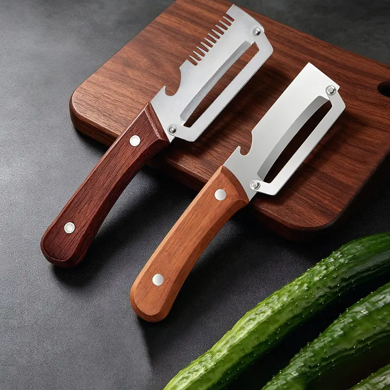 Stainless Steel Kitchen Peeler - Sharp Blade, Wooden Grip, Built-In Bottle Opener, Slices Thin Strips, Sturdy Kitchen Gadgets for Home or Pro Use, Versatile Tool for Prep Tasks