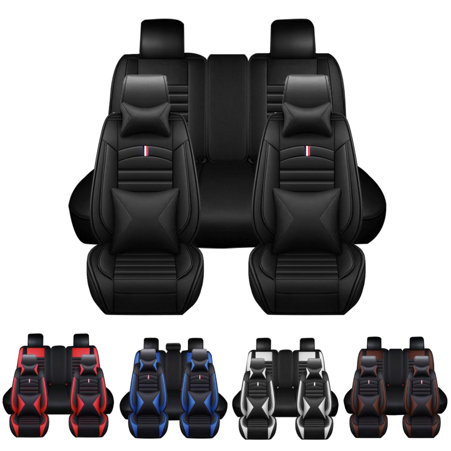 Premium Napa PU Leather Car Front Rear Seat Cover Full Set 5 Seat Protector Mat Breathable Cushion Pad Set Universal ,Full Surround Design with Storage Bag, with 2pcs Head Pillow and 2pcs Waist Pillow - Valentine's Day Gift For Lover