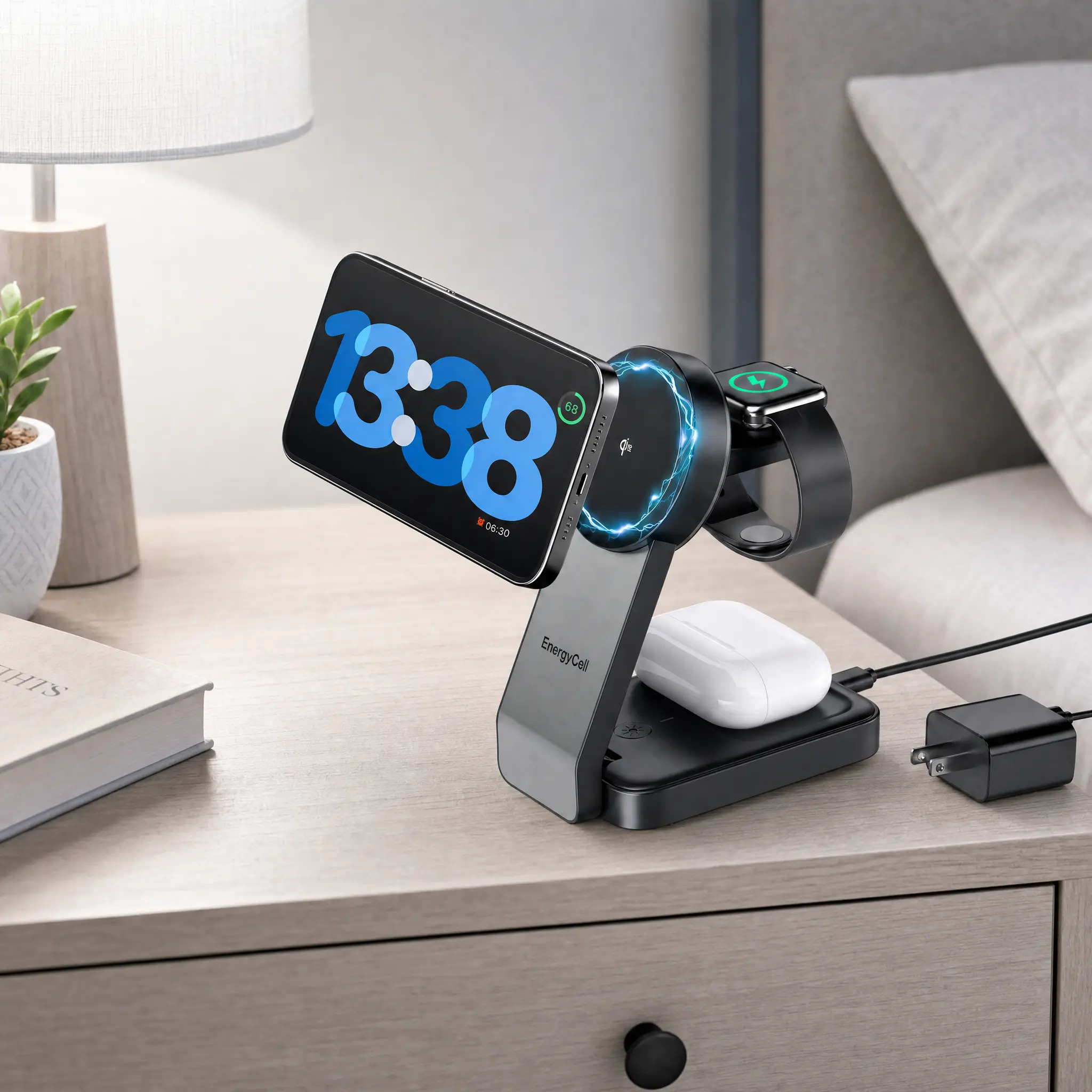 3-in-1 Wireless Charging Station for Apple Devices, Qi2 Certified 15W Charger Stand, Magnetic Foldable Fast Charger for iPhone 17/16/15/14/13/12, Apple Watch, AirPods (30W USB-C Charger Included)