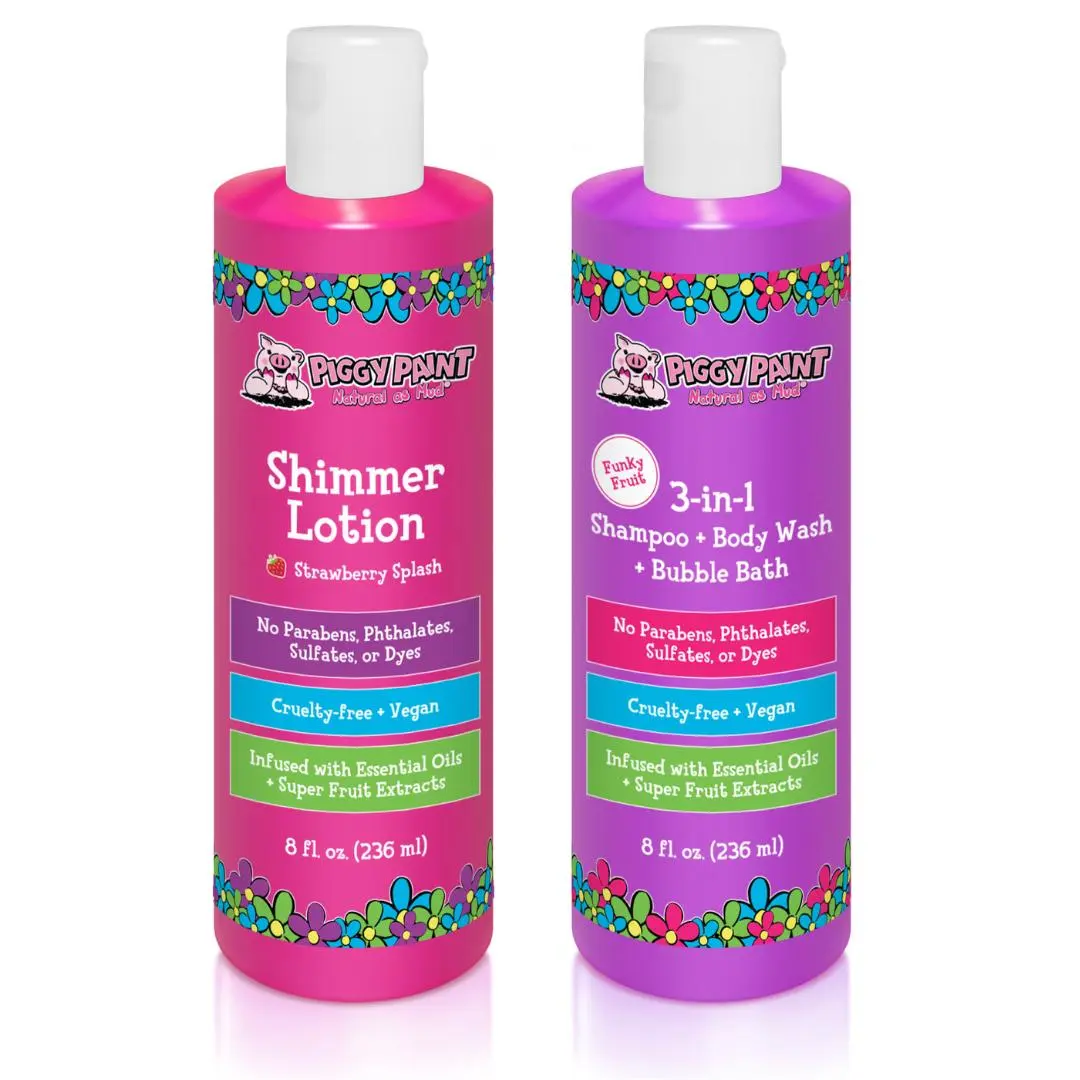 Piggy Paint Shimmer Glitter Moisturizing Lotion & 3-in-1 Shampoo Body Wash Bubble Bath Bundle - Strawberry Splash & Funky Fruit Scented - Cruelty-Free Vegan Formula for Sensitive Skin Gentle Foam Moisturize Cosmetic Moisturizer