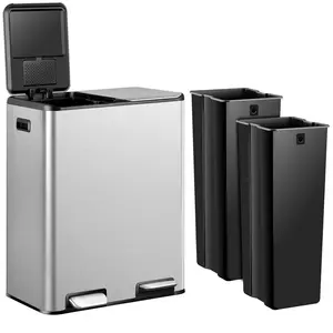 ZENY 16 Gallon Dual Trash Can Stainless Steel Step Kitchen Garbage Can W/ Lid for Indoor Bin Container Plastic Bucket