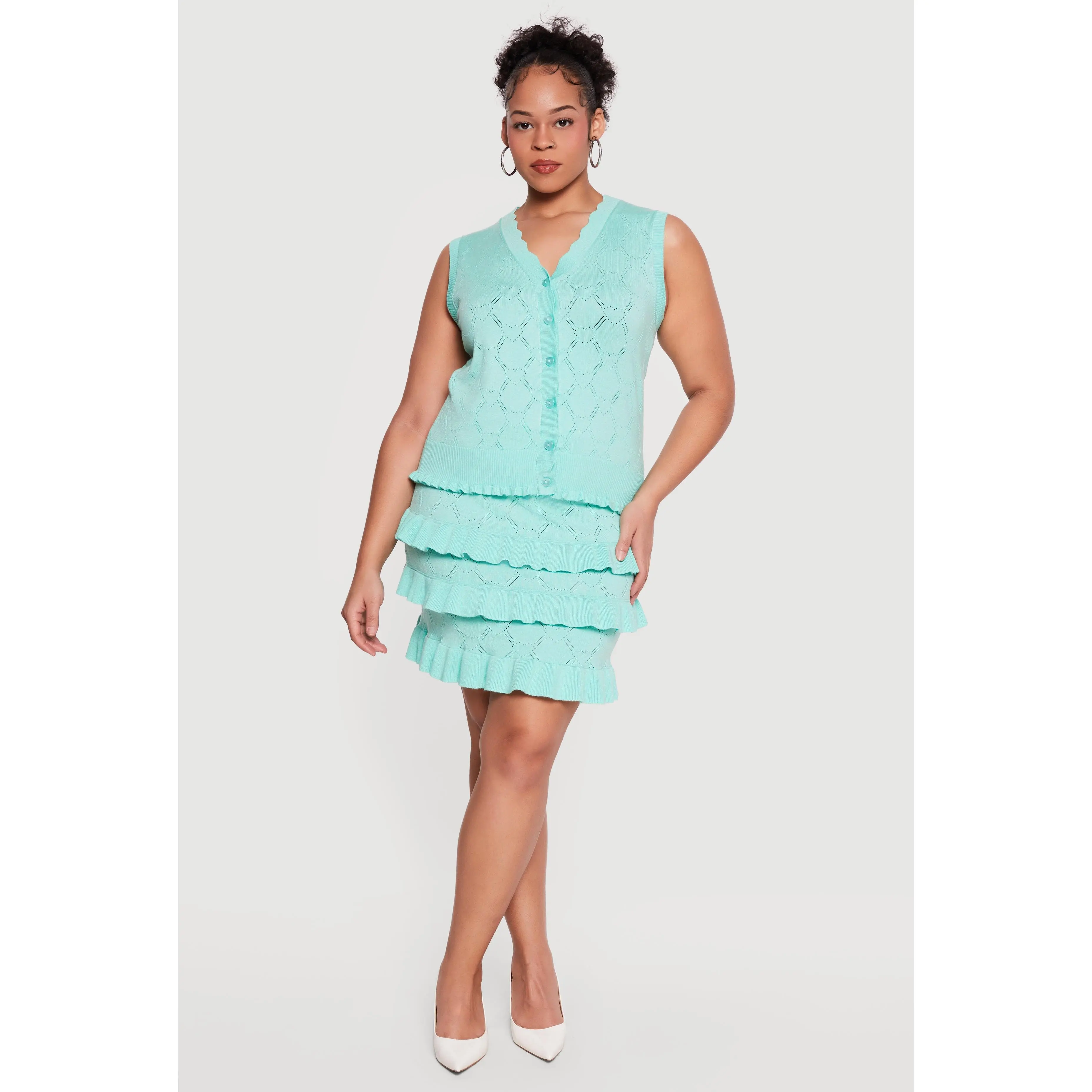 Plus Size Heart Geometric Pointelle Tiered Mini Skirt