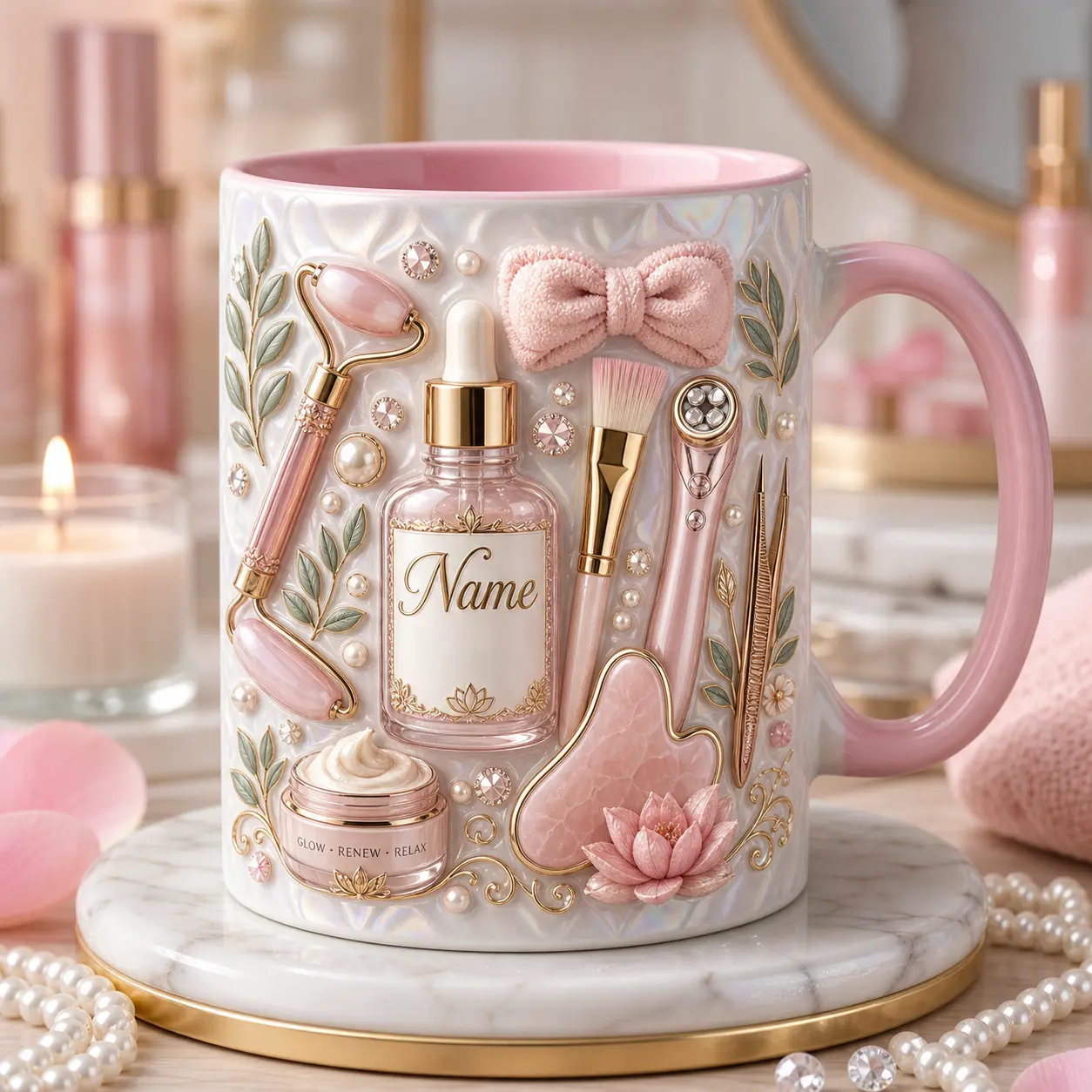 Skincare Lover Mug 2D Printed 3D Effect, Personalized Ceramic Coffee Cup with Pink Spa Tools Design, Custom Name Gift for Esthetician Beauty Lover Her