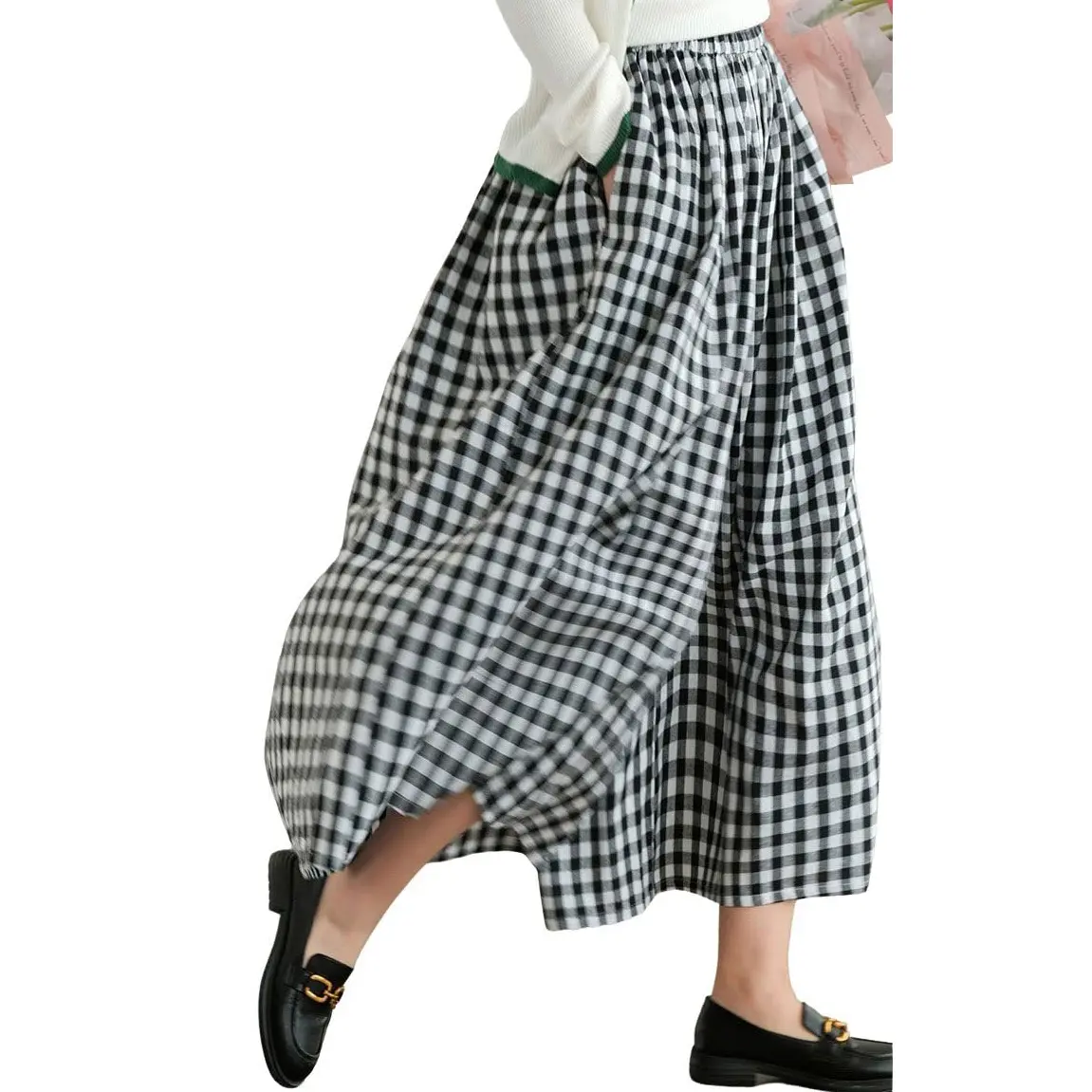 Chouyatou Women's Basic Baggy High Rise Flared Capri Pants - Lightweight Cotton Linen Plaid Gingham Wide Leg, Elastic Waist, Pockets, Comfortable Casual Elegant Retro Trouser for Beach Holiday, Fashion Apparel
